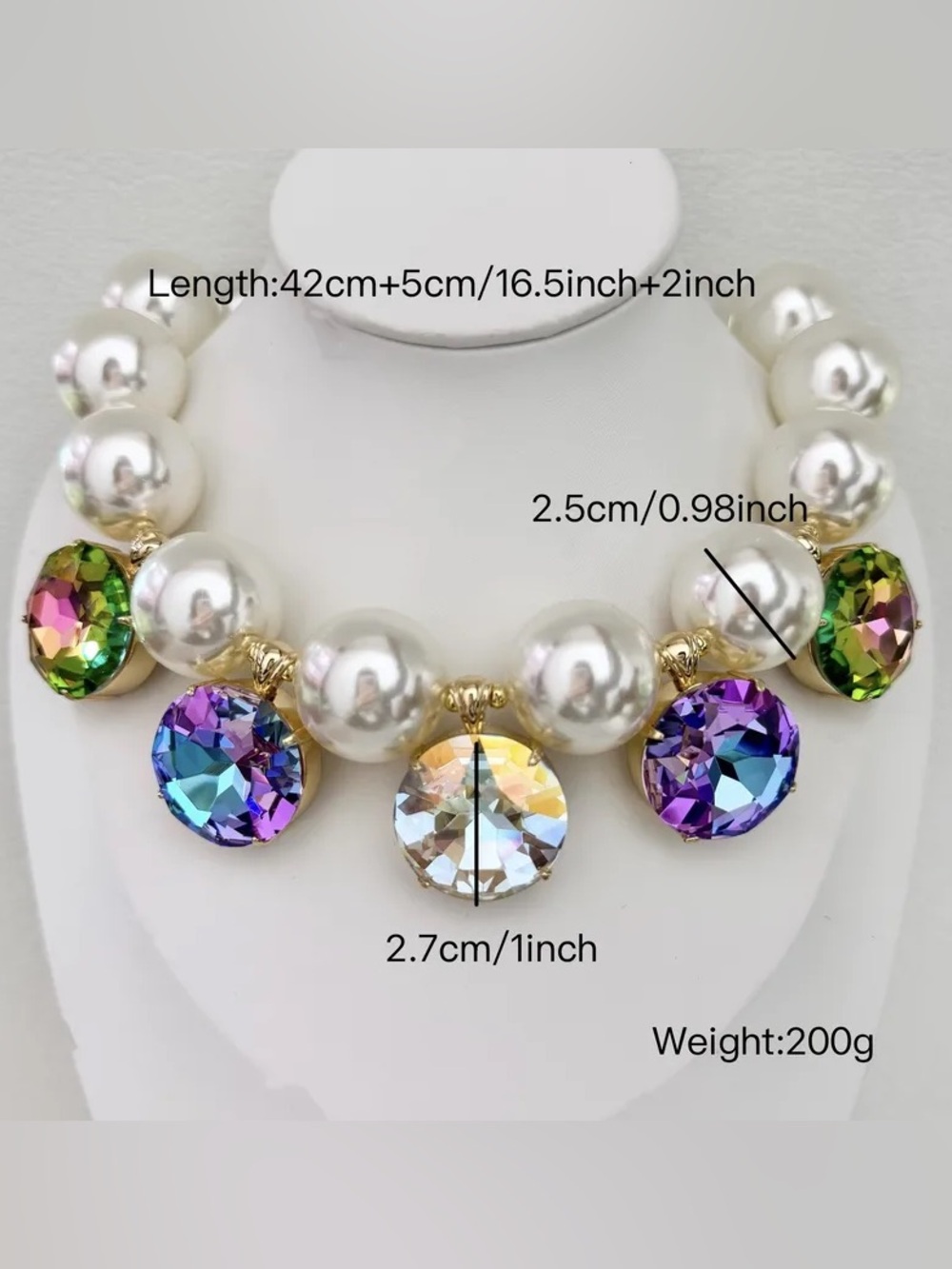 Bold Pearl Necklace Featuring Acrylic Pendant With Colorful Rhinestones Charms - Picture 2 of 2